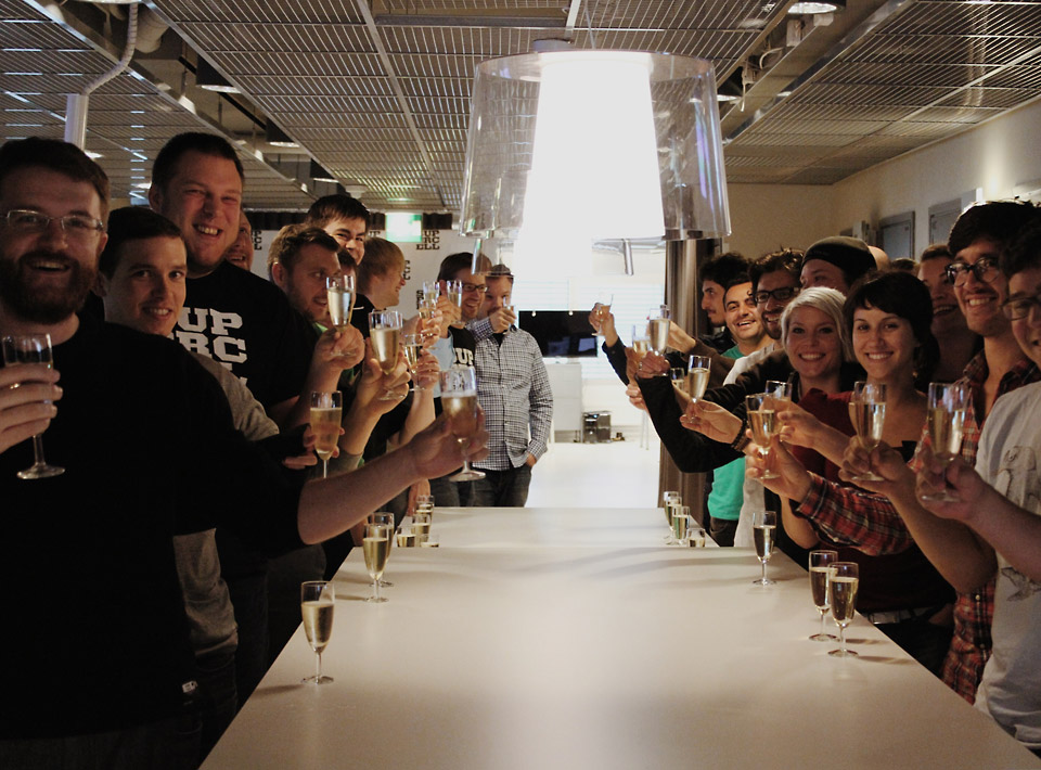 Champagne celebration at the office.